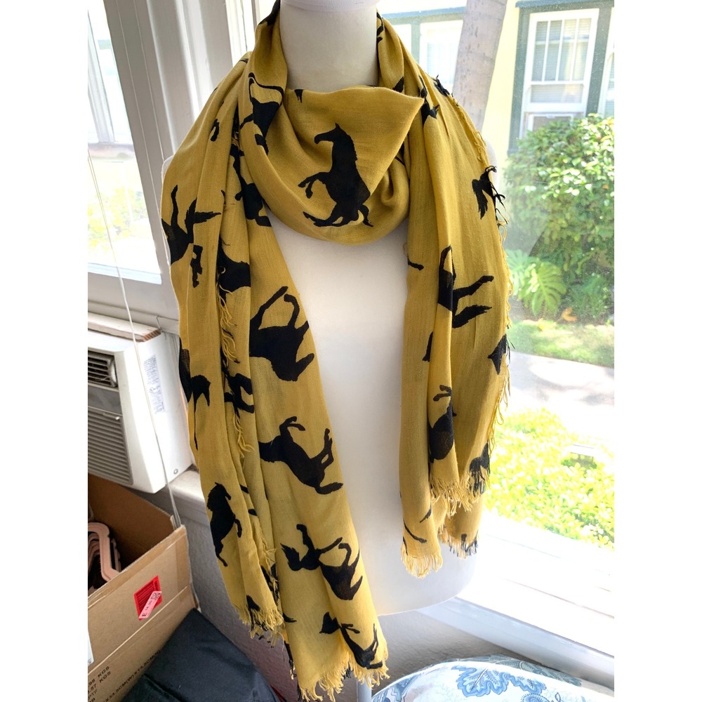 Western Horse Print Scarf 36 x 74 Frayed Edge Equestrian Mustard Yellow Black - Picture 6 of 8